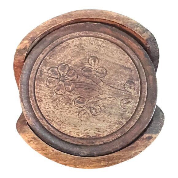 Vtg Teak Wood Coaster Set Brass Inlay Caddy & Hand-Carved Coasters 3 3/8" India - Picture 14 of 14